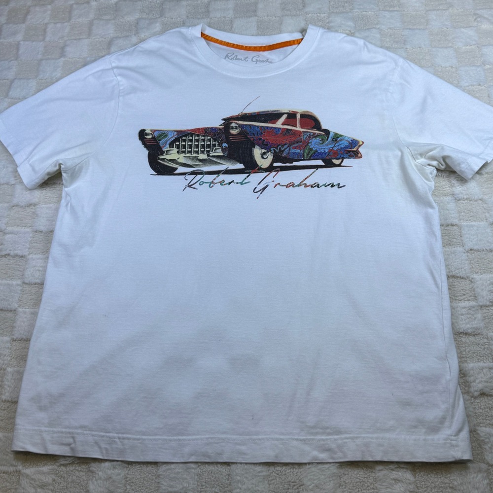 Robert Graham Mens XL White Graphic T-Shirt Classic Car Art 100% Cotton Tee